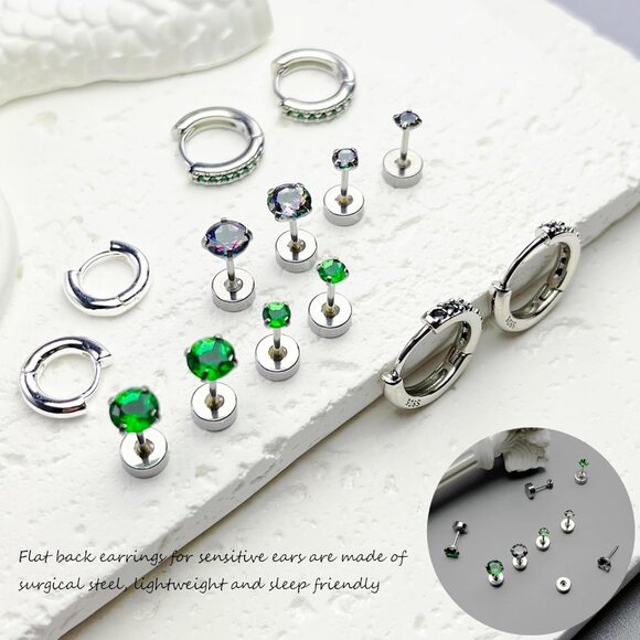 7 Pairs Surgical Steel Flat Back Stud and Huggie Hoop Earrings for Sensitive Ear - Picture 5 of 7